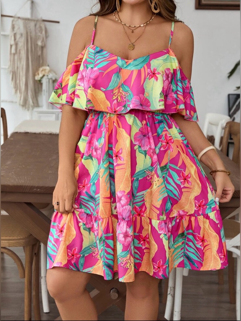SHEIN Pink Tropical Floral Cold-Shoulder Midi Dress